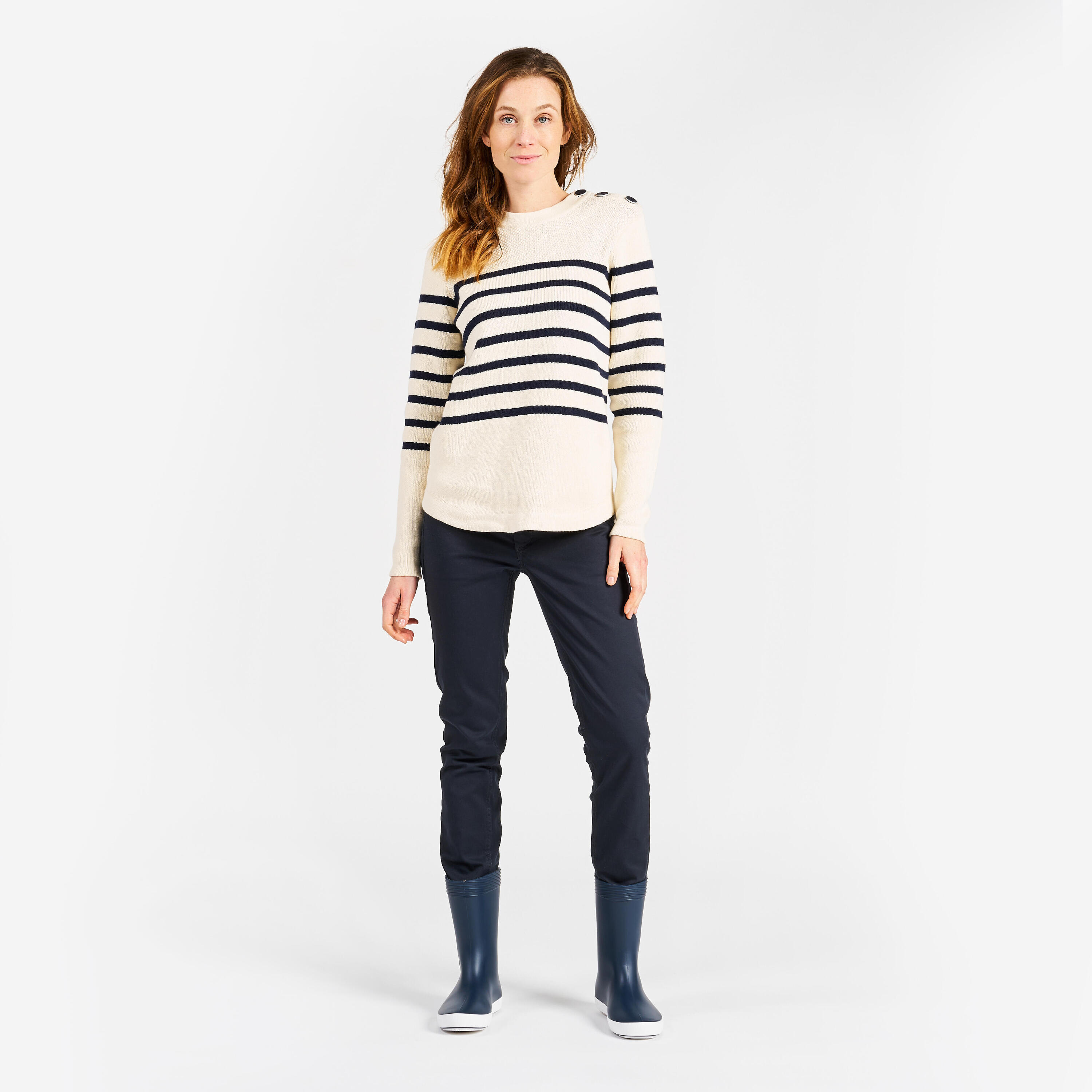 Pull marin tricoté Femme - 100 écru rayé navy 9/13