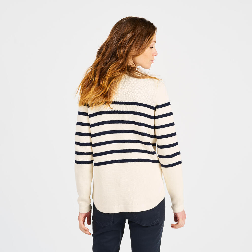 Women’s knitted navy pullover, 100, beige with navy blue stripes