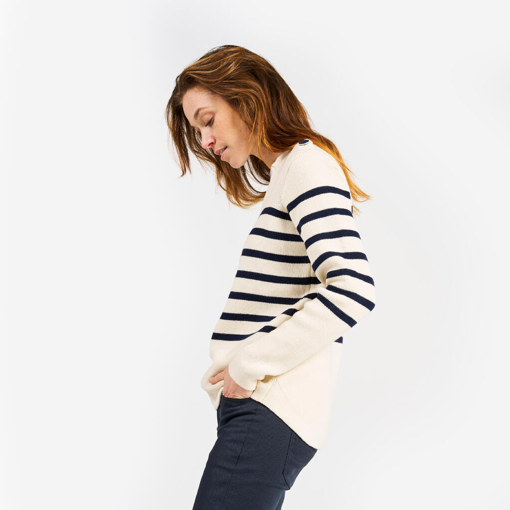 Segelpullover Damen Strick 100 dunkelblau/beige gestreift