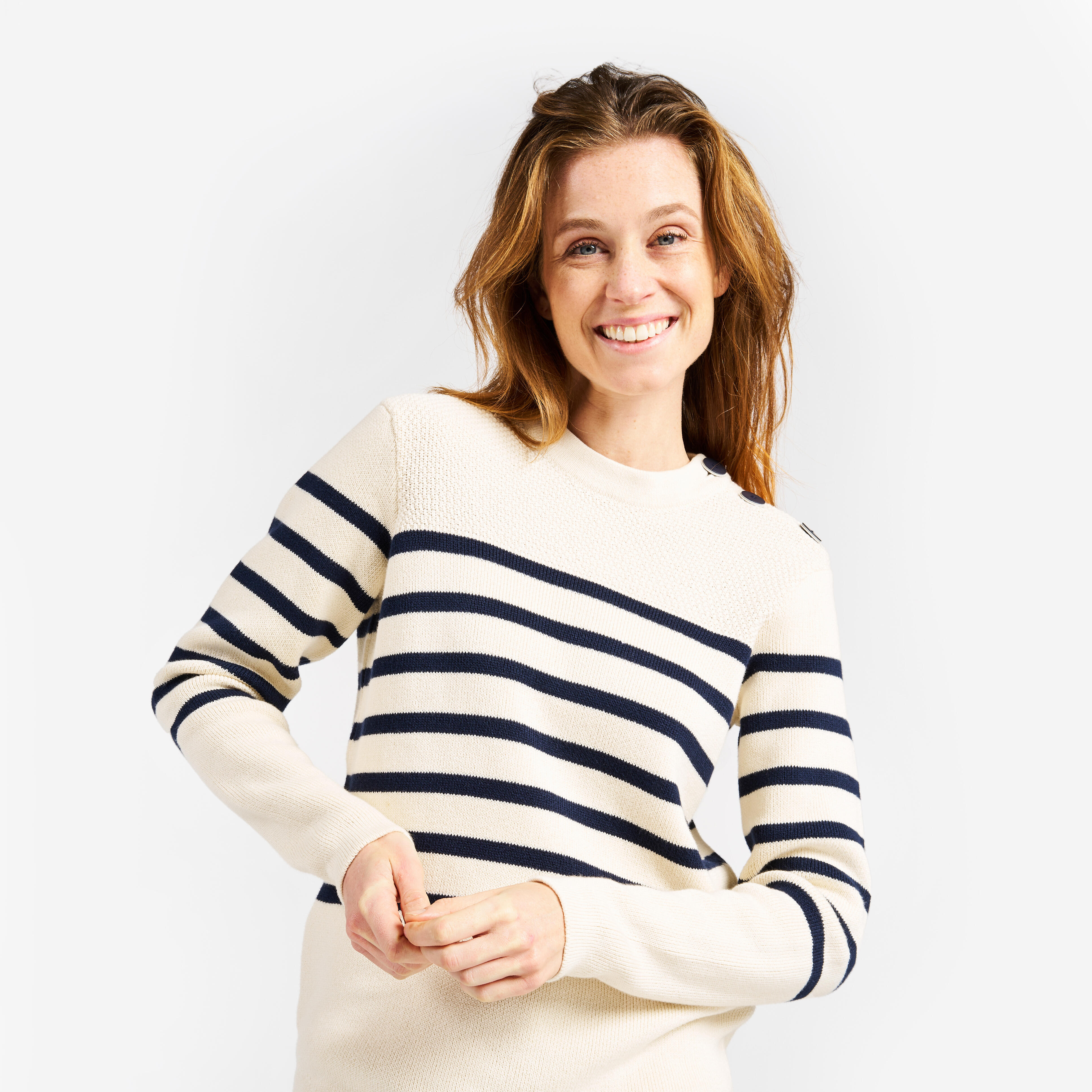Women s knitted navy pullover 100 beige with navy blue stripes TRIBORD Decathlon