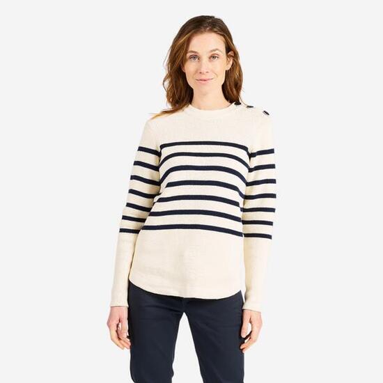 Pull marin tricoté Femme - 100 écru rayé navy