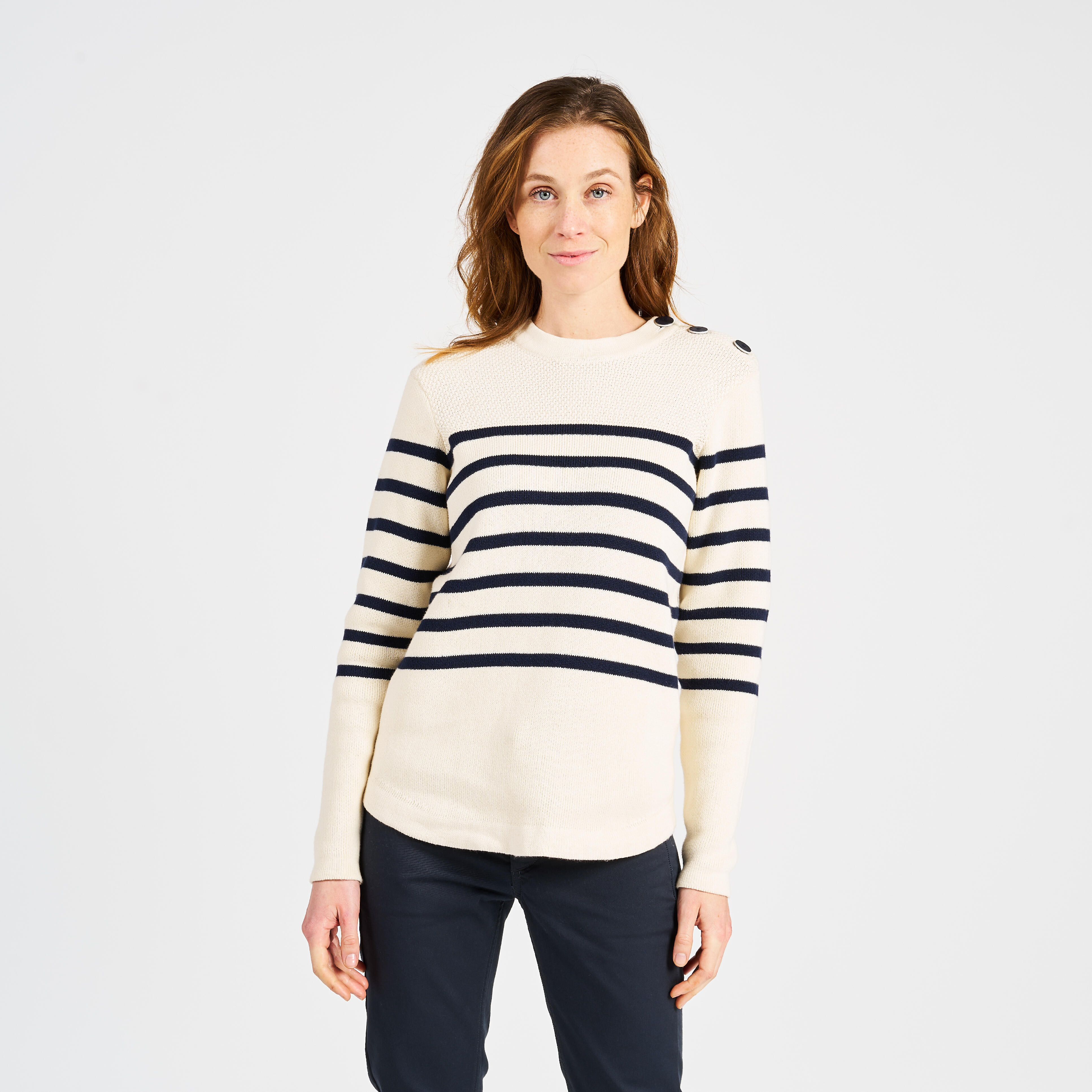 Women's knitted sailor sweater, 100, navy blue striped beige