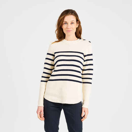 
      Women’s knitted navy pullover, 100, beige with navy blue stripes
  