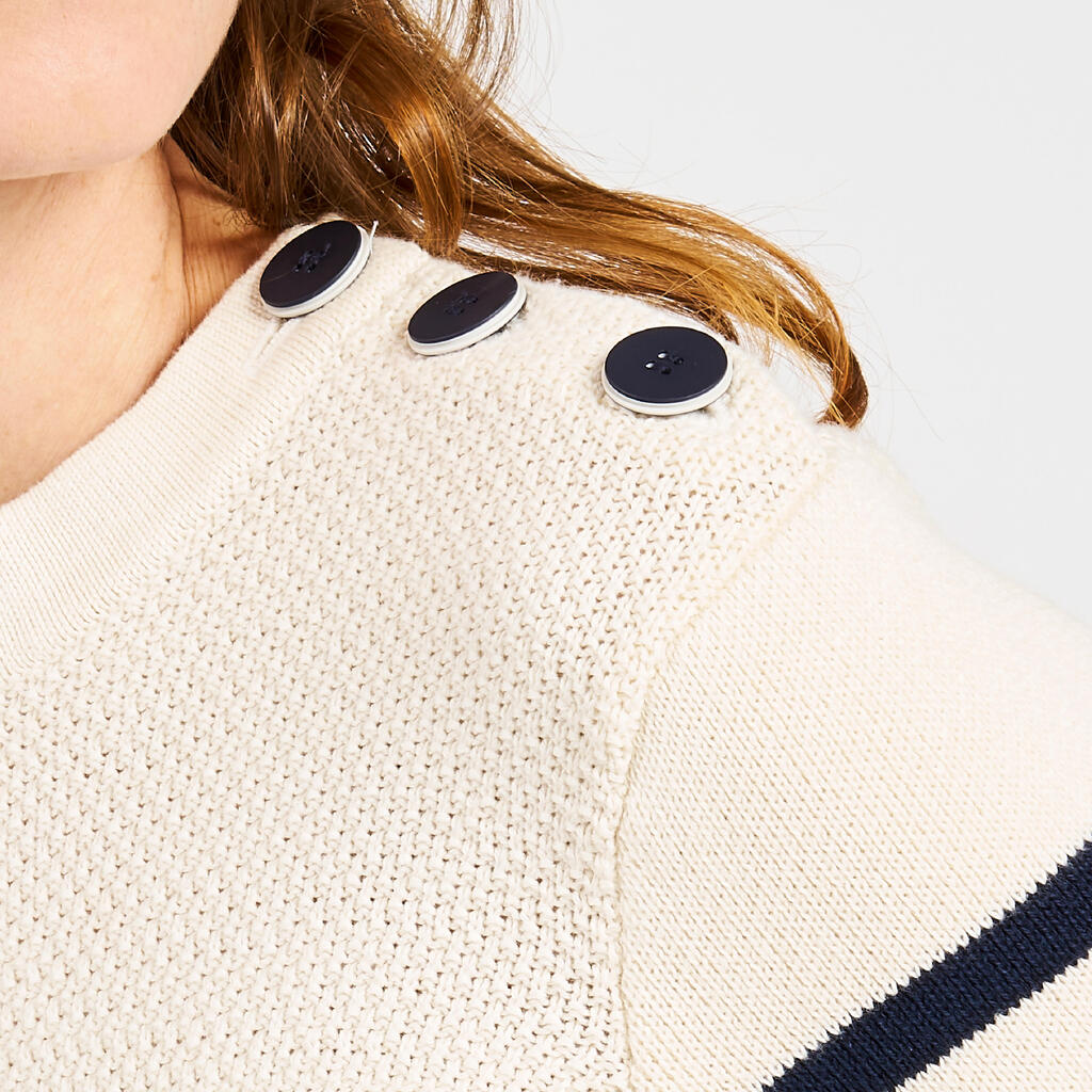 Segelpullover Damen Strick 100 dunkelblau/beige gestreift