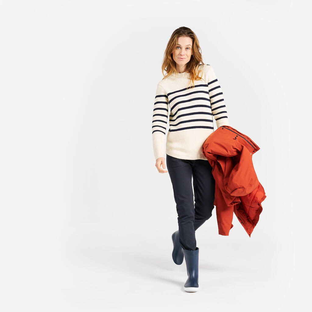 Segelpullover Damen Strick 100 dunkelblau/beige gestreift