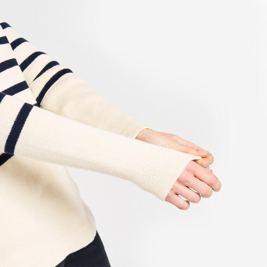 Segelpullover Damen Strick 100 dunkelblau/beige gestreift