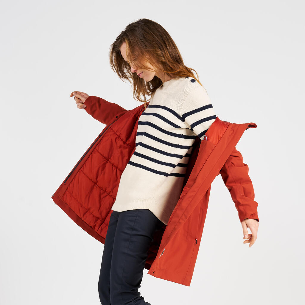 Segelpullover Damen Strick 100 dunkelblau/beige gestreift