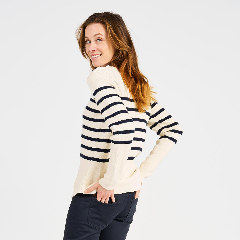 Segelpullover Damen Strick 100 dunkelblau/beige gestreift