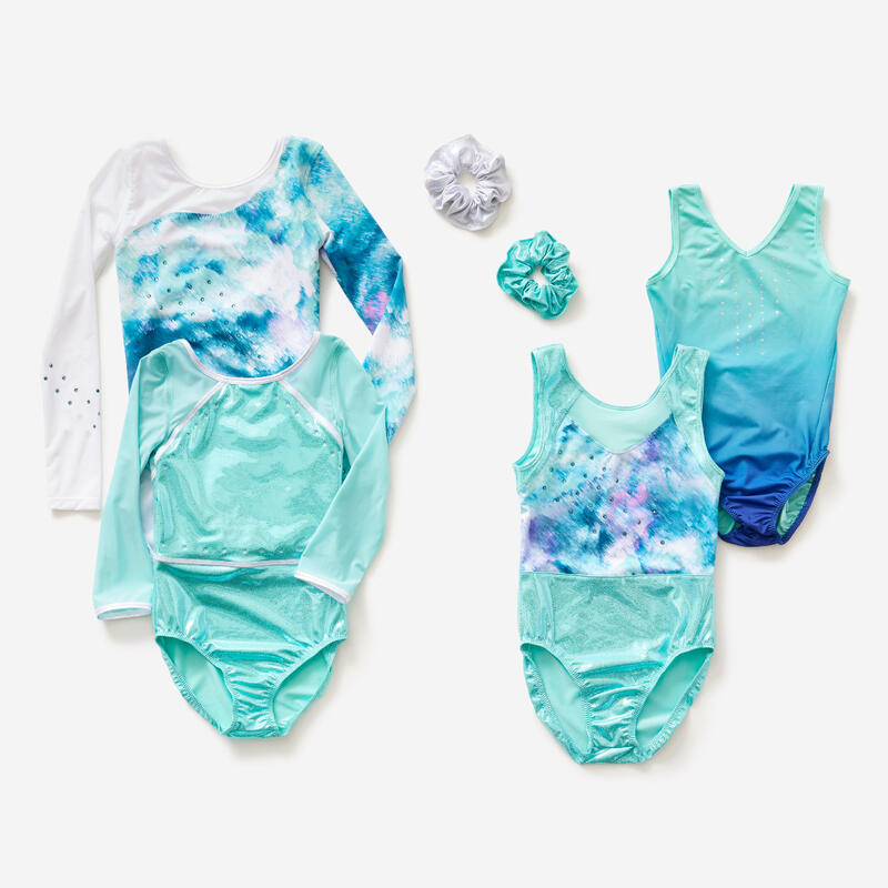 Maillot de Ginástica sem Mangas Menina - Turquesa Brilhante com Lantejoulas