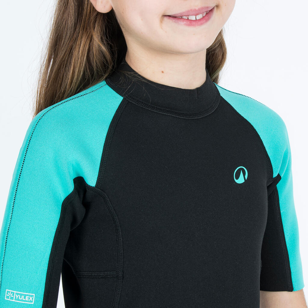 Kids’ surfing shorty suit 1.5 mm yulex 100 blue green