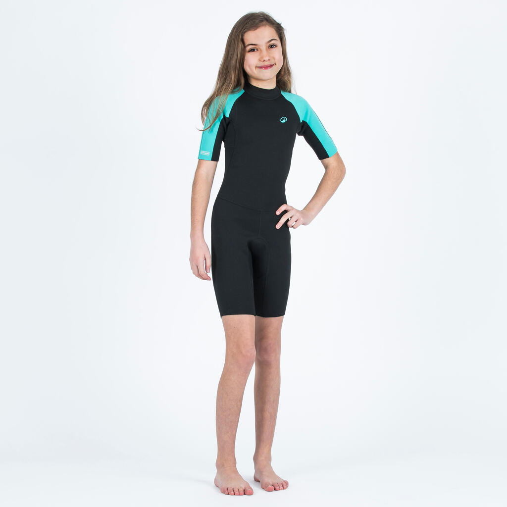 Kratko odijelo za surfanje 1,5 mm Yulex® 100 dječje crno-tirkizno