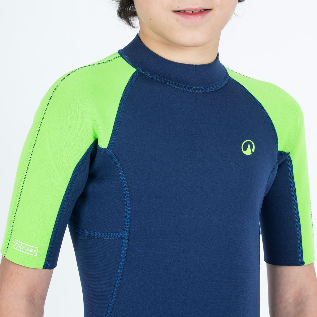 Detská šortková kombinéza Yulex® 100 na surf s hrúbkou 1,5 mm modro-zelená
