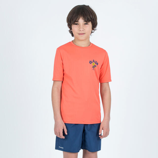 DECATHLON Polera UV niños manga corta surf naranjo con estampado