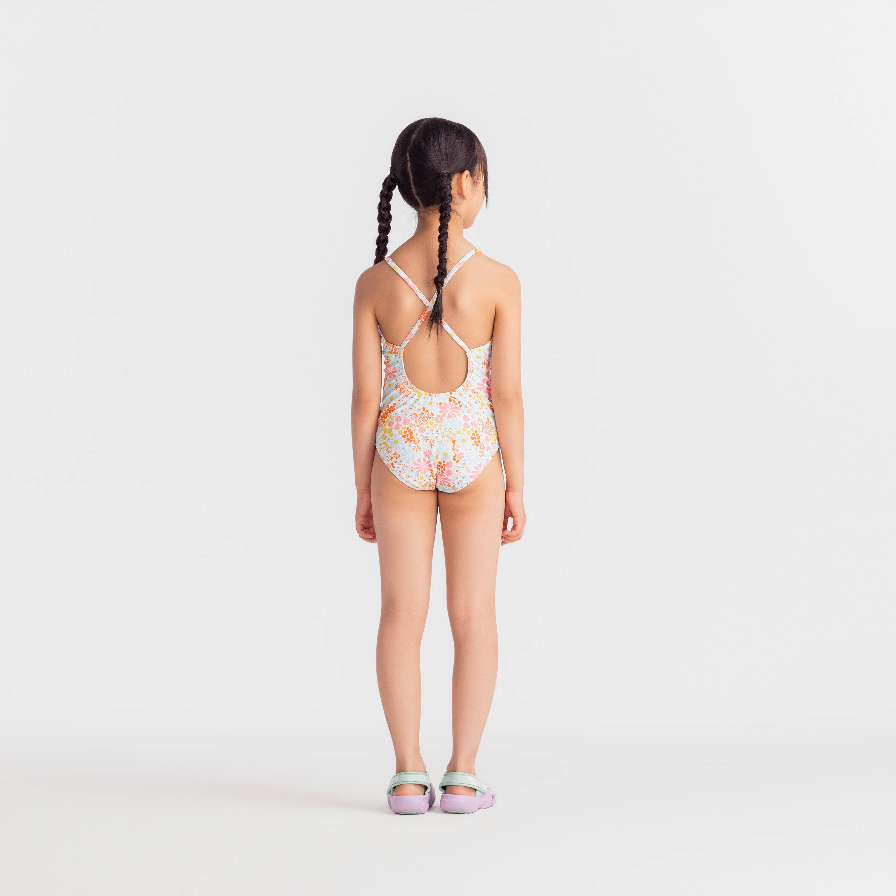 Girls' 1-Piece Swimsuit 100 Lila Pantai Secure Fit & Quick-Dry White -  4