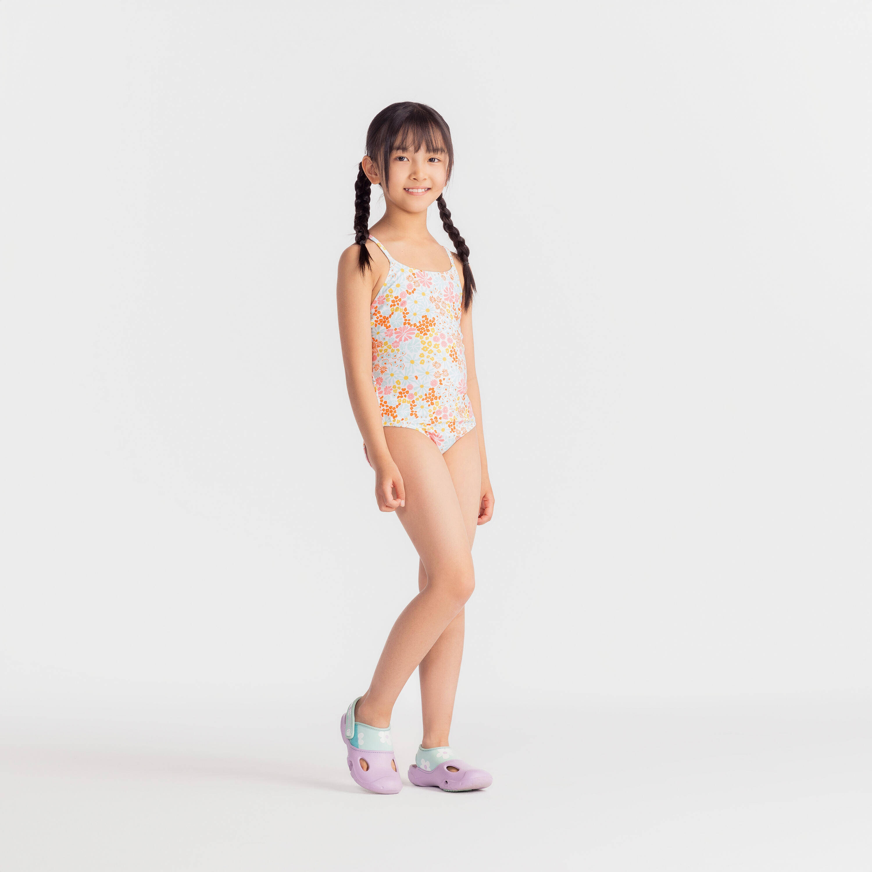 Girls' 1-Piece Swimsuit 100 Lila Pantai Secure Fit & Quick-Dry White -  5