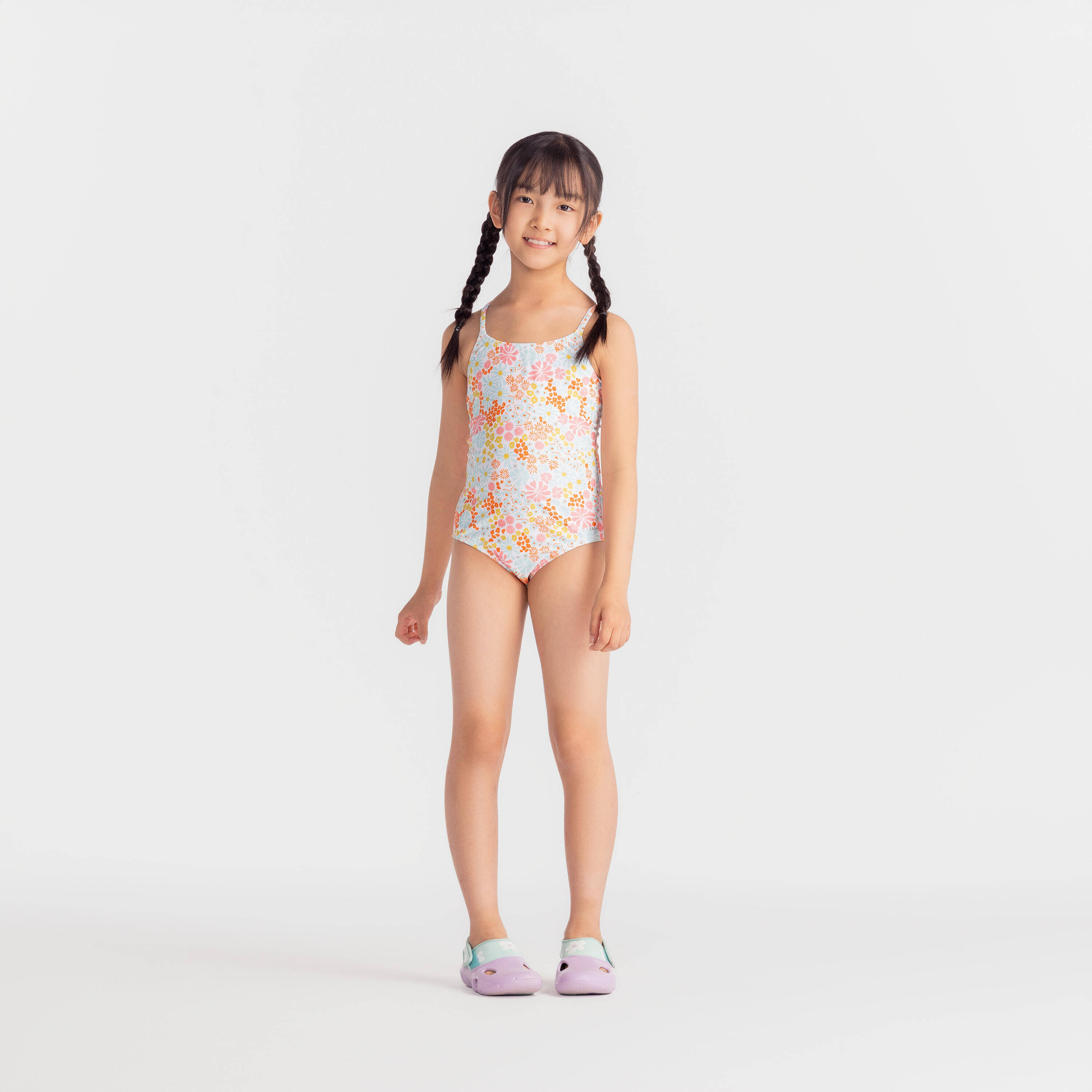 Girls' 1-Piece Swimsuit 100 Lila Pantai Secure Fit & Quick-Dry White -  1