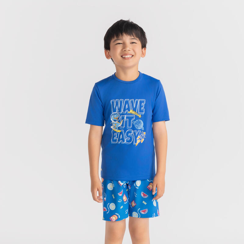 男童款抗 UV 衝浪 T 恤 100－藍色恐龍款