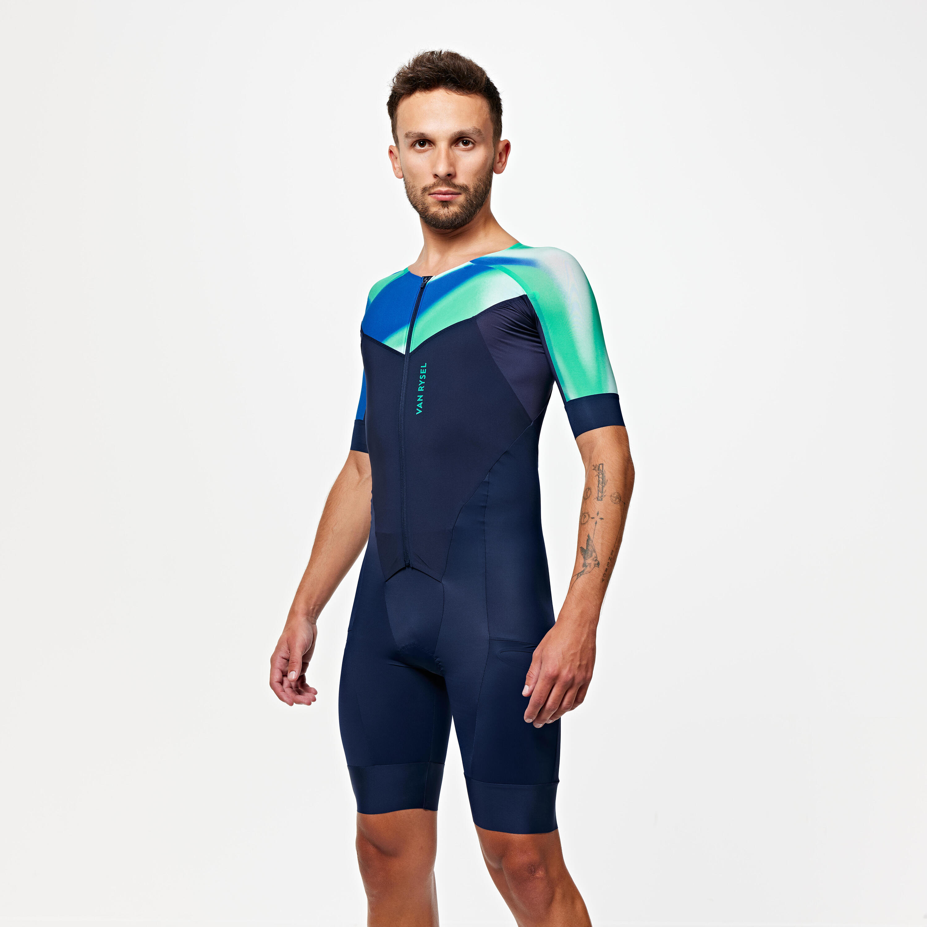 TRISUIT VOOR TRIATLON HEREN LANGE AFSTAND MARINEBLAUW MET KLEURVERLOOP 2/8