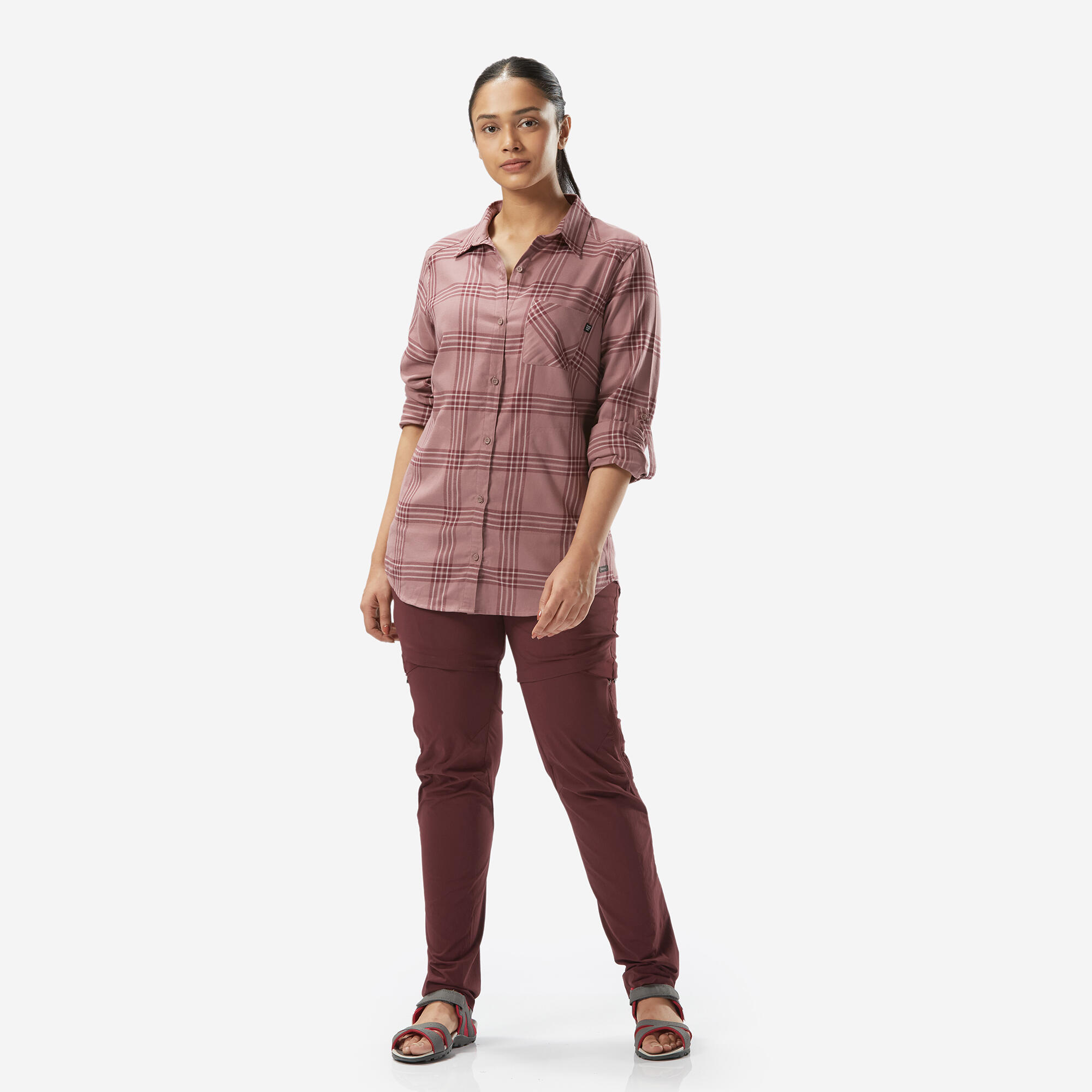Camisa de cuadros de montaña y trekking manga larga Mujer Forclaz Travel 100 3/6