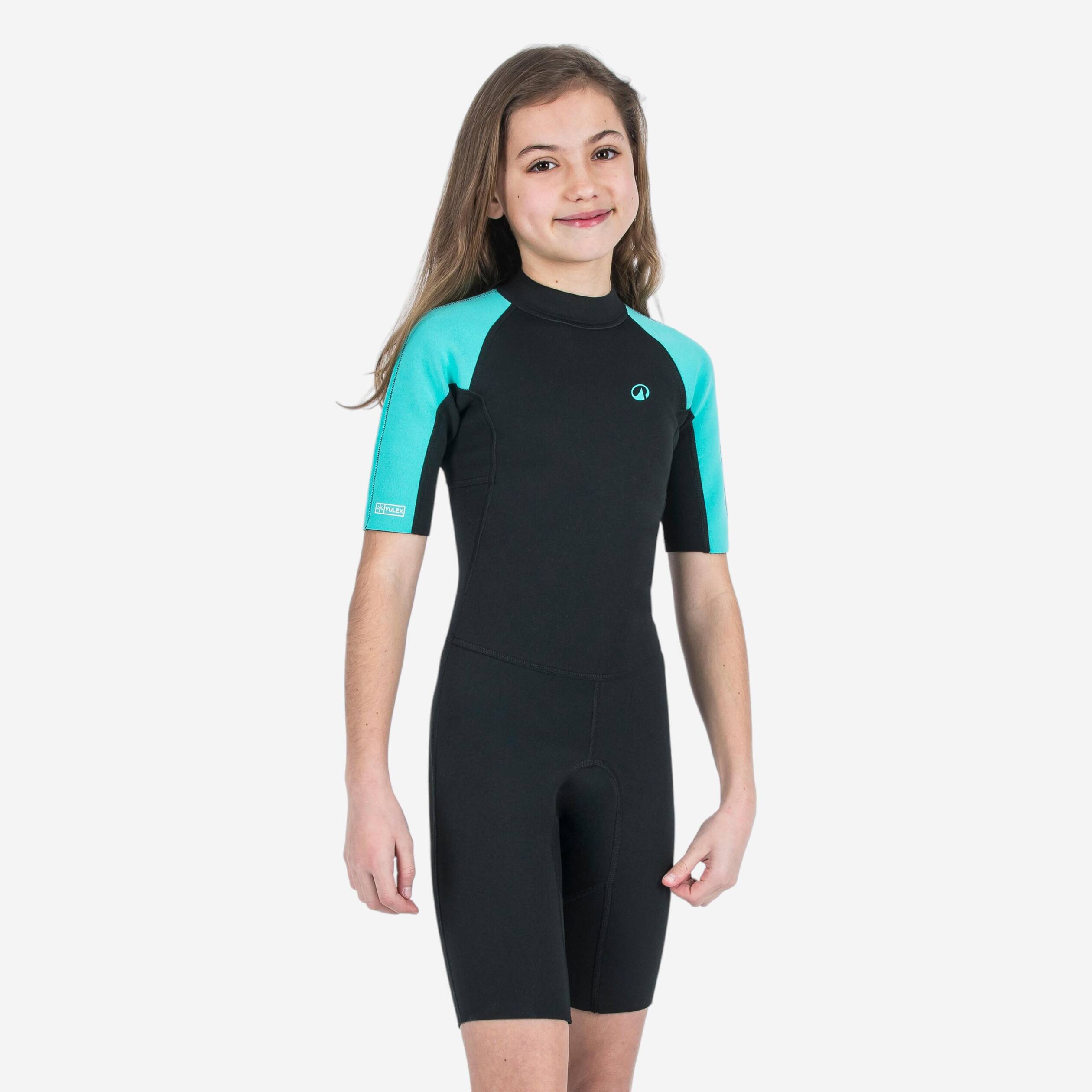 Kids’ surfing shorty suit 1.5 mm yulex 100 black turquoise