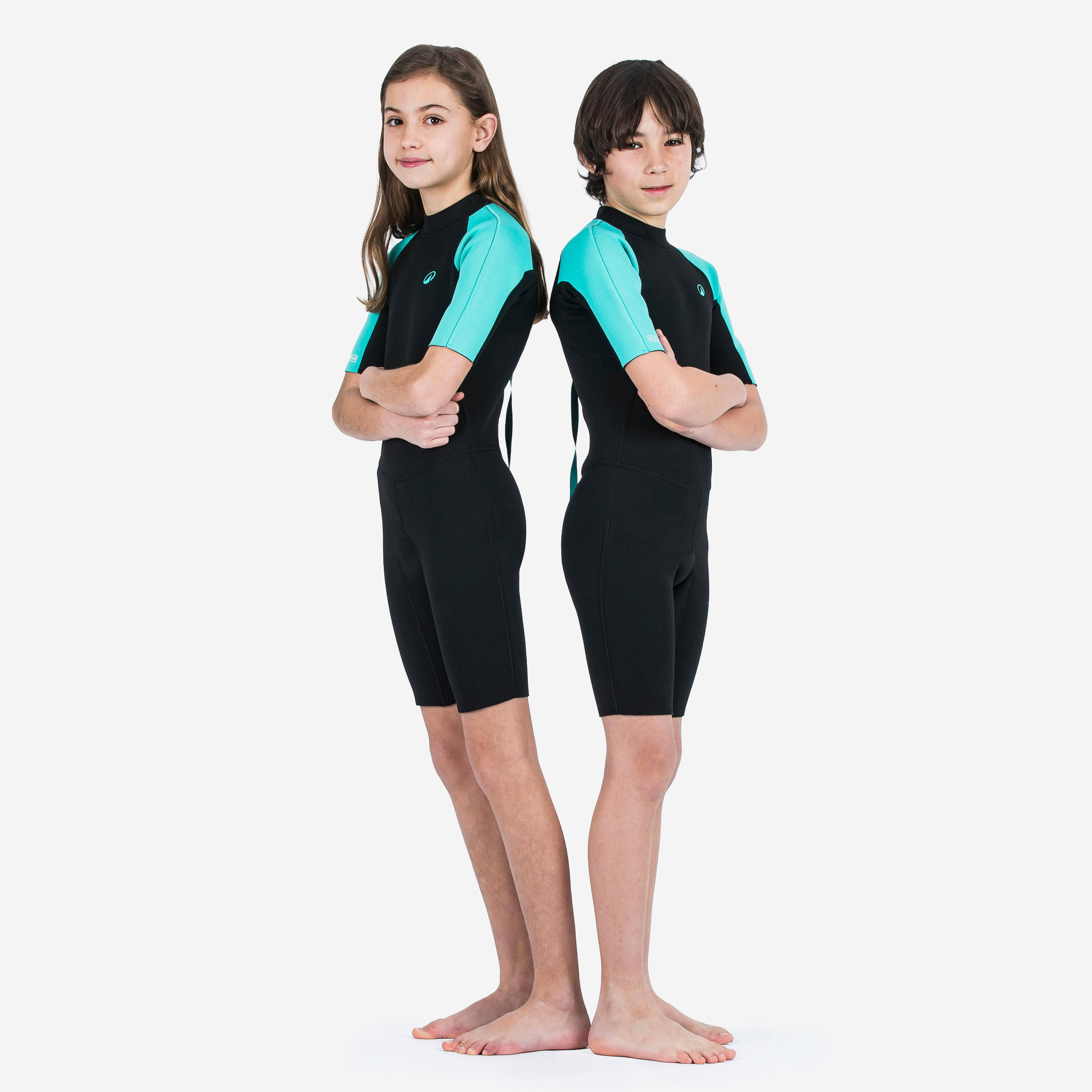 Kids’ surfing shorty suit 1.5 mm yulex 100 black turquoise -  3