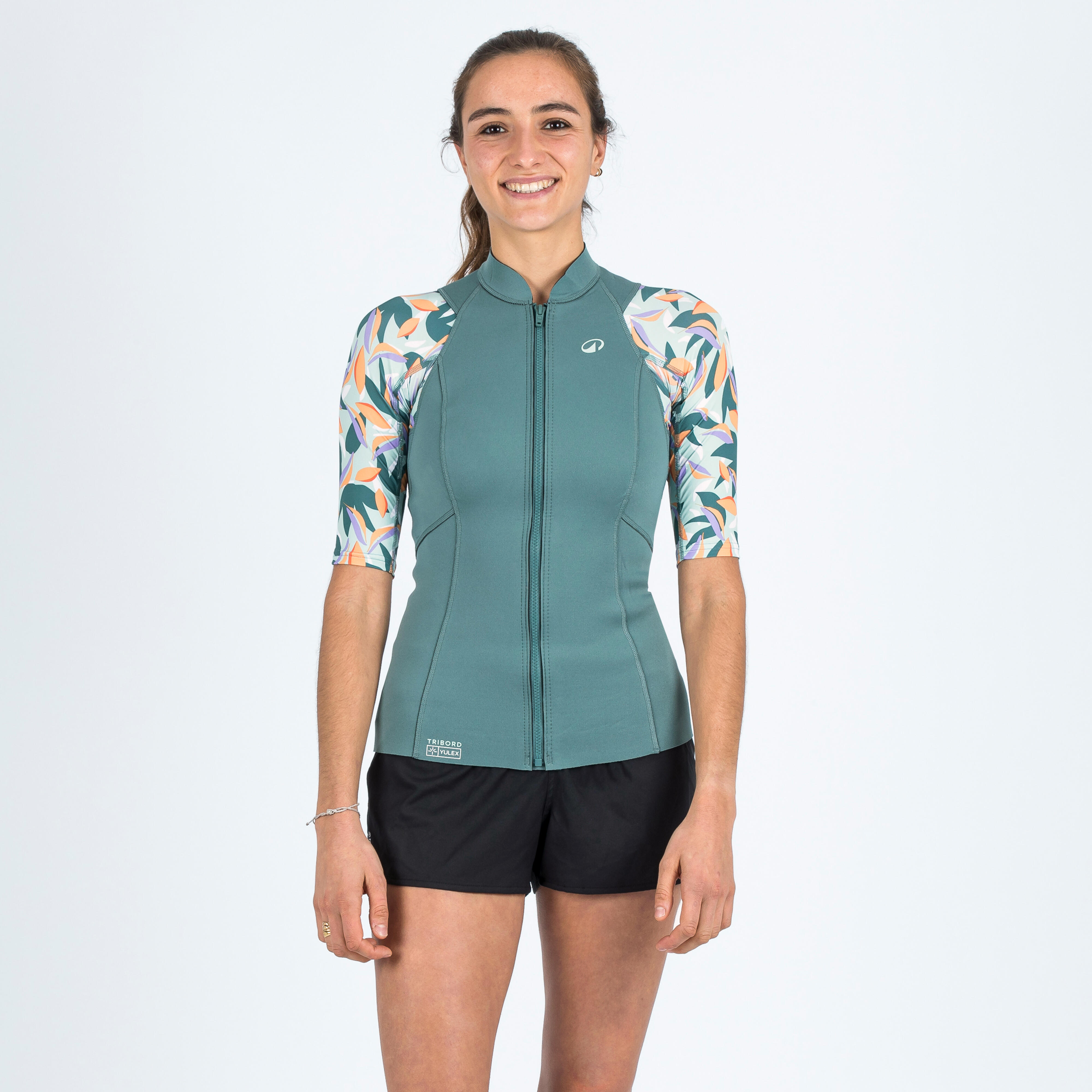 Subea - Top Anti Uv Manches Courtes Femme Yulex100 1.5mm - Graphisme Fleurs Awake - Top Néoprène - Snorkeling Plongee Chasse Ss Apnee - Vert - S - Decathlon