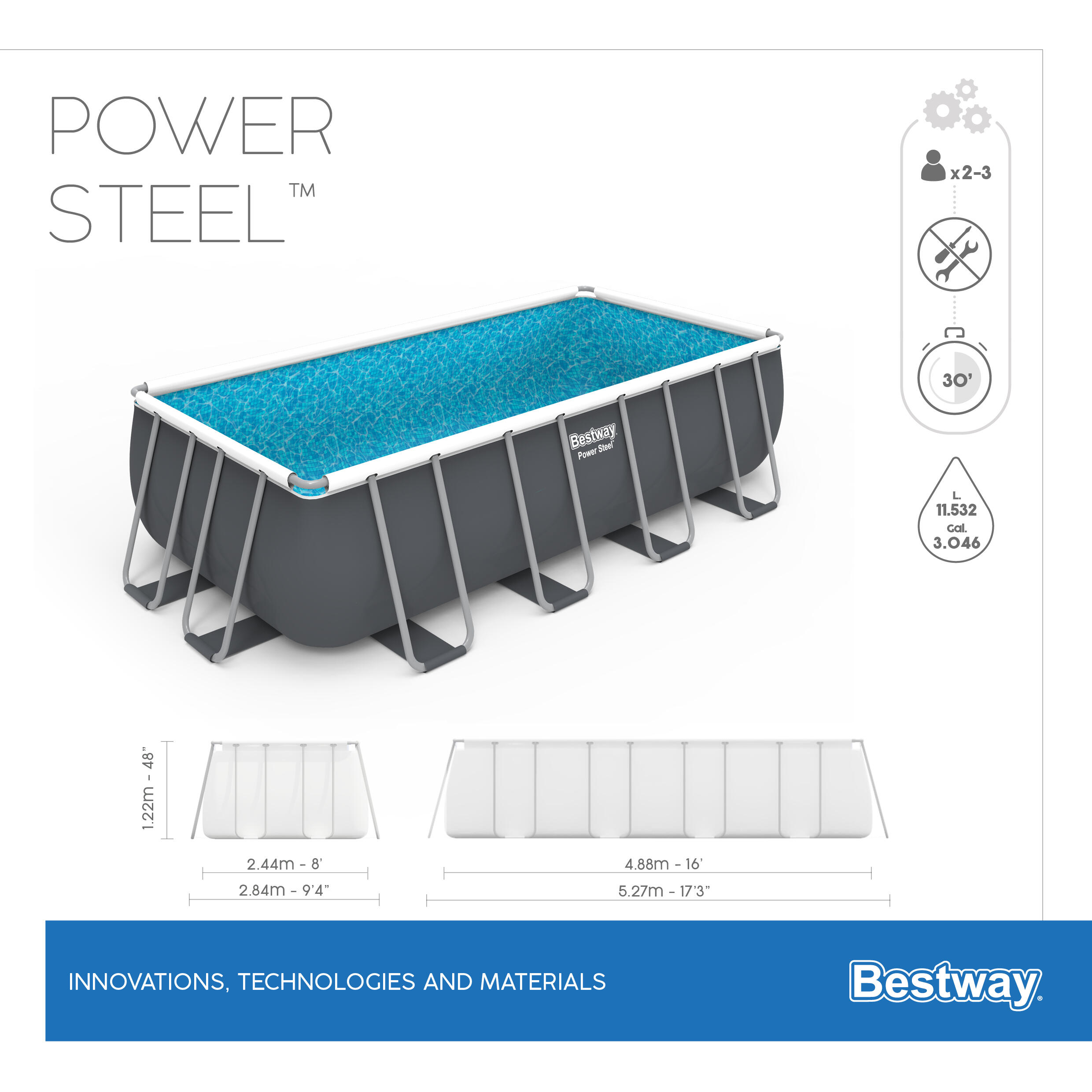 Piscina PowerSteel retangular 488X244X122 cm com depuradora + filtro + escada 3/8
