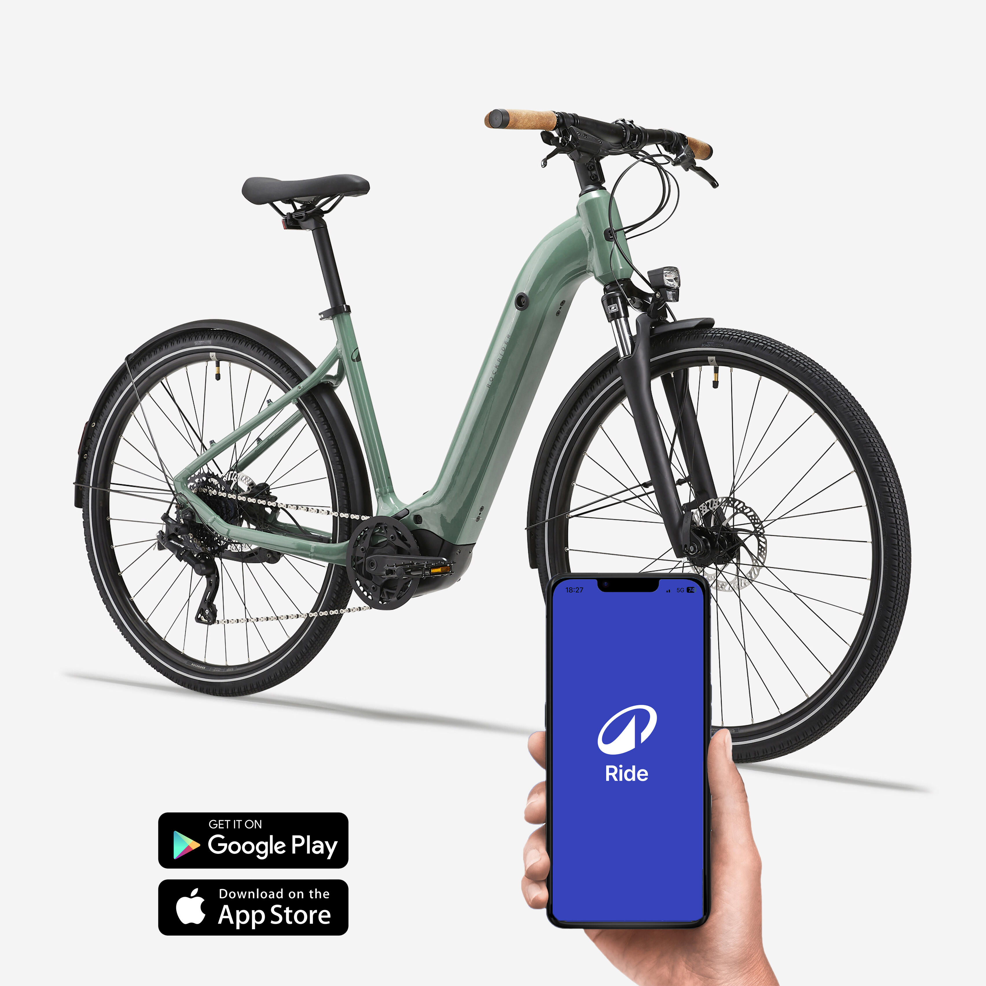 Electric hybrid bike with central motor and low frame E ACTV 500 green ROCKRIDER Decathlon