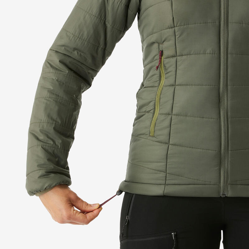 Doudoune de trek à capuche synthétique femme, MT100 khaki