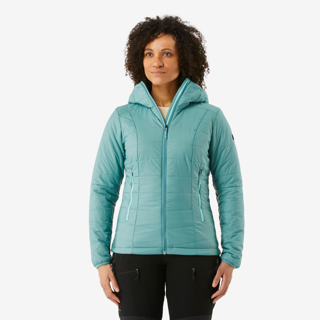 Chaqueta acolchada con capucha de mujer para trekking de montaña MT100 -5°C azul