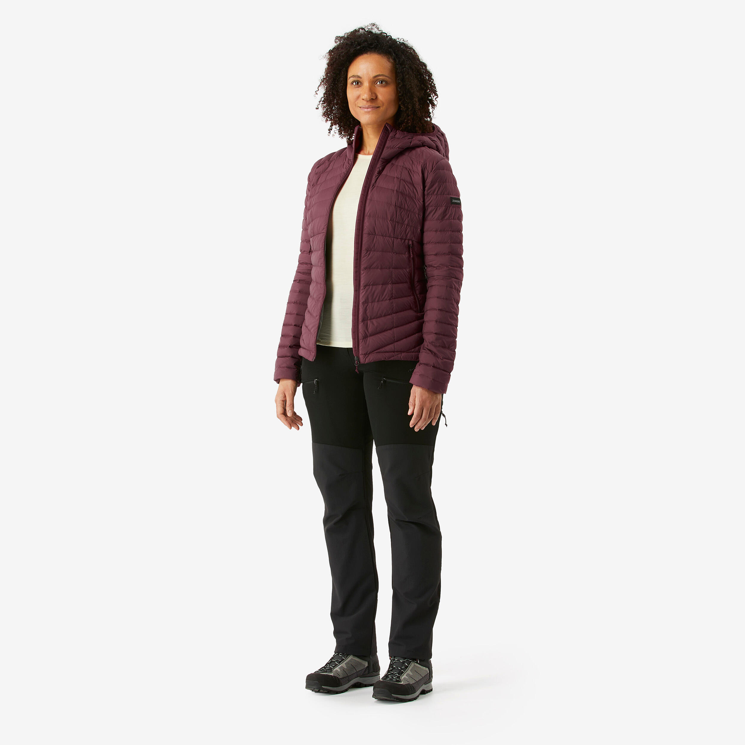 Women s Mountain Trekking Down Jacket with Hood MT100 5 C Burgundy