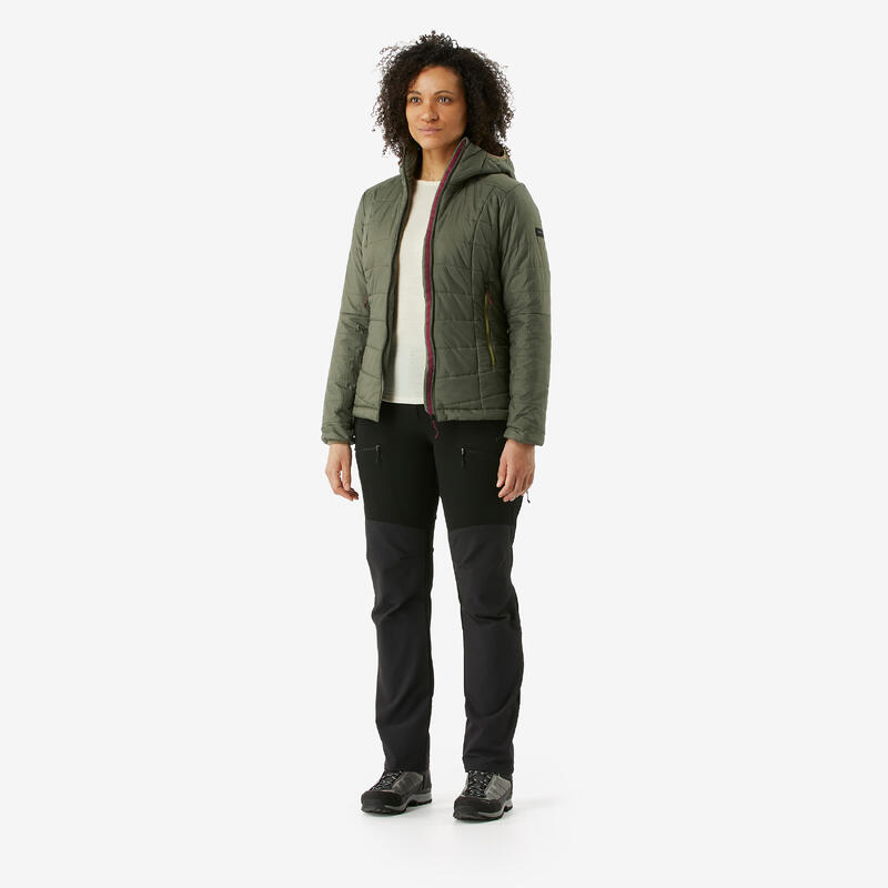Doudoune de trek à capuche synthétique femme, MT100 khaki