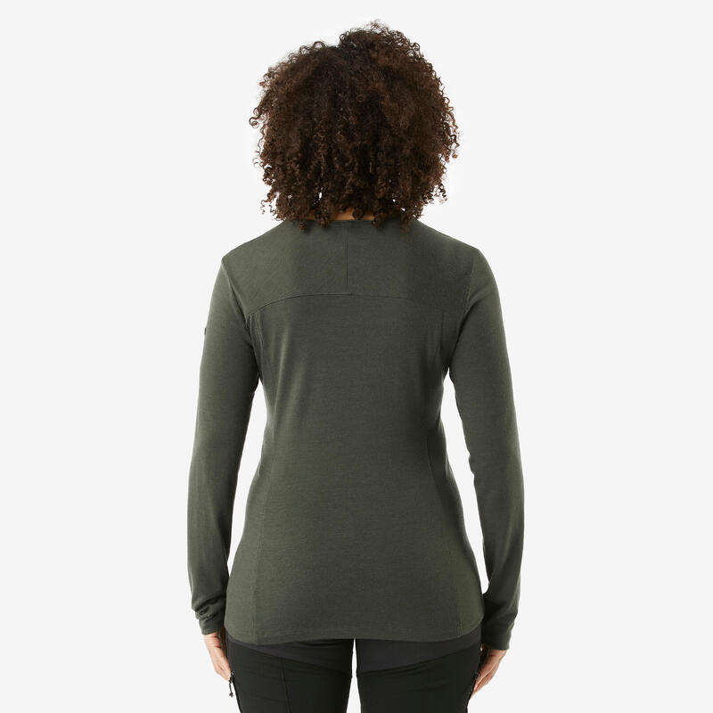 T-shirt lana merinos montagna donna MT500 WOOL verde oliva