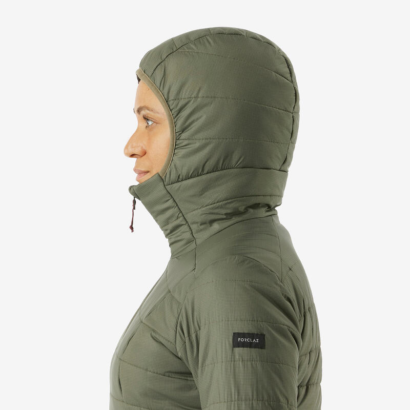 Doudoune de trek à capuche synthétique femme, MT100 khaki