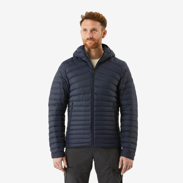 Men's blue hooded down hiking puffer jacket MH100 -5°C