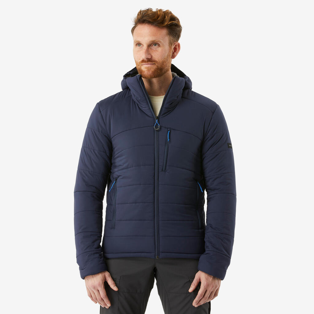 Men's Synthetic Mountain Trekking Padded Jacket - TREK 500 with hood -10°C Navy