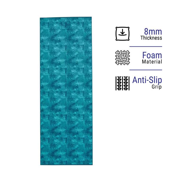 Yoga Mat, 8 mm thick, 173 x 61 cm, with Strap, Foam - Jungle Blue, For Soft Yoga