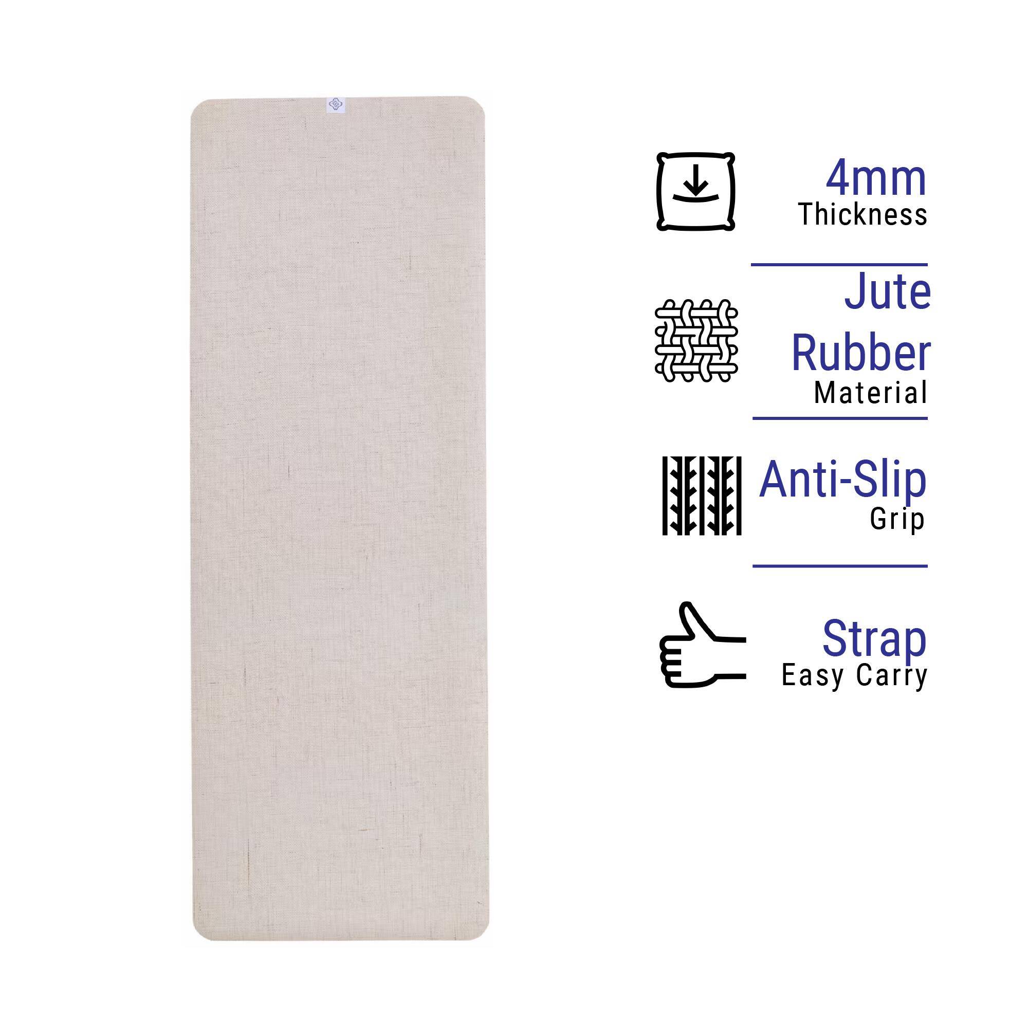 Yoga Mat, 4 mm thick, 183 x 61cm, with Strap, Jute and Natural Rubber, Dynamic -  1