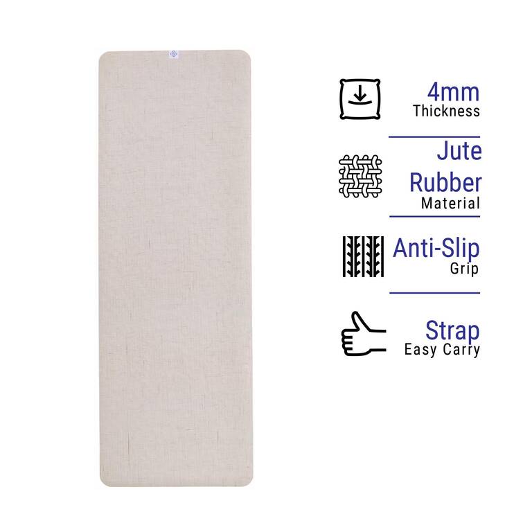 Yoga Mat, 4 mm thick, 183 x 61cm, with Strap, Jute and Natural Rubber, Dynamic