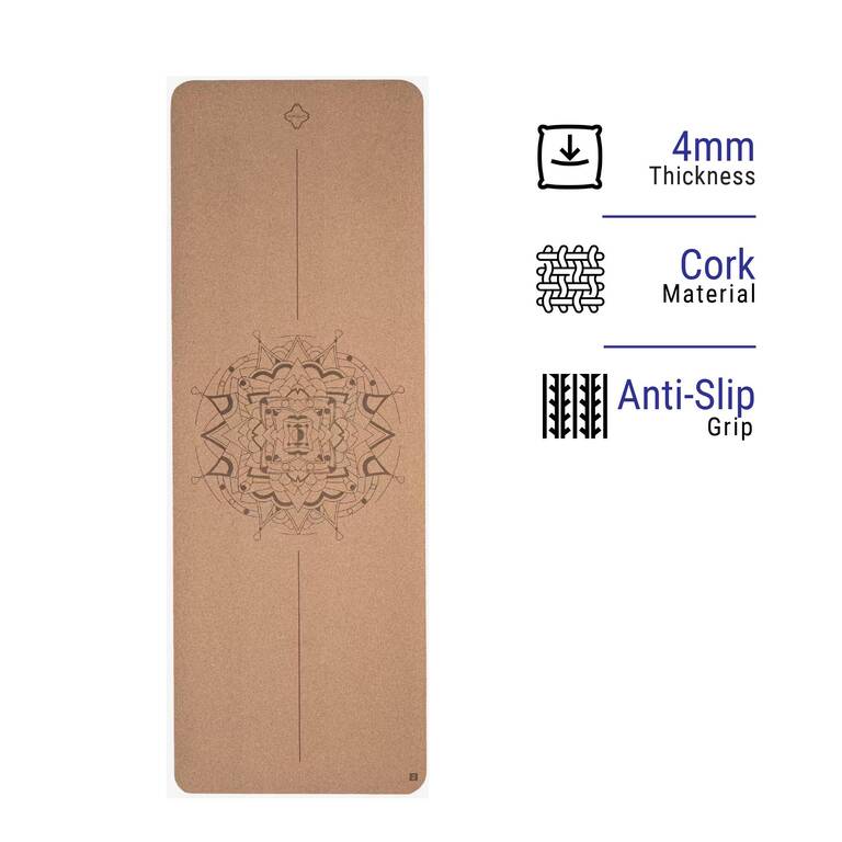 Yoga Mat, 4 mm thick, 185 x 65 cm, Lightweight, Cork - Mandala, Dynamic