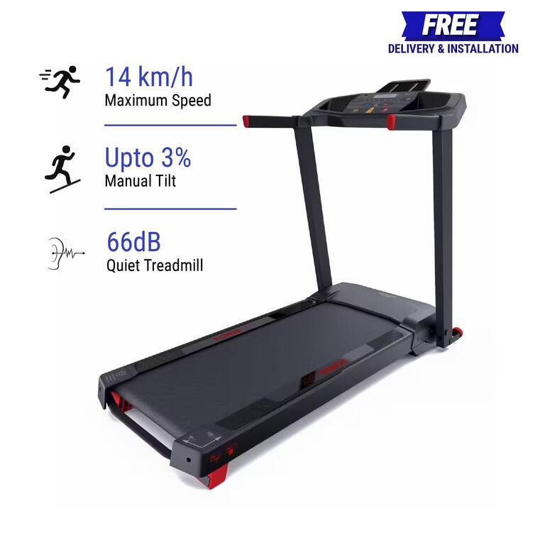 Treadmill RUN100E Foldable, Upto 14 kmph, 3% Incl, Smart, Low-Noise, Max 130 kg