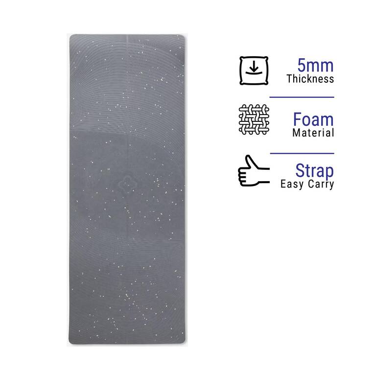 Yoga Mat, Large for tall yogis, 5 mm thick, 200 x 75 cm, with strap, TPE - Grey