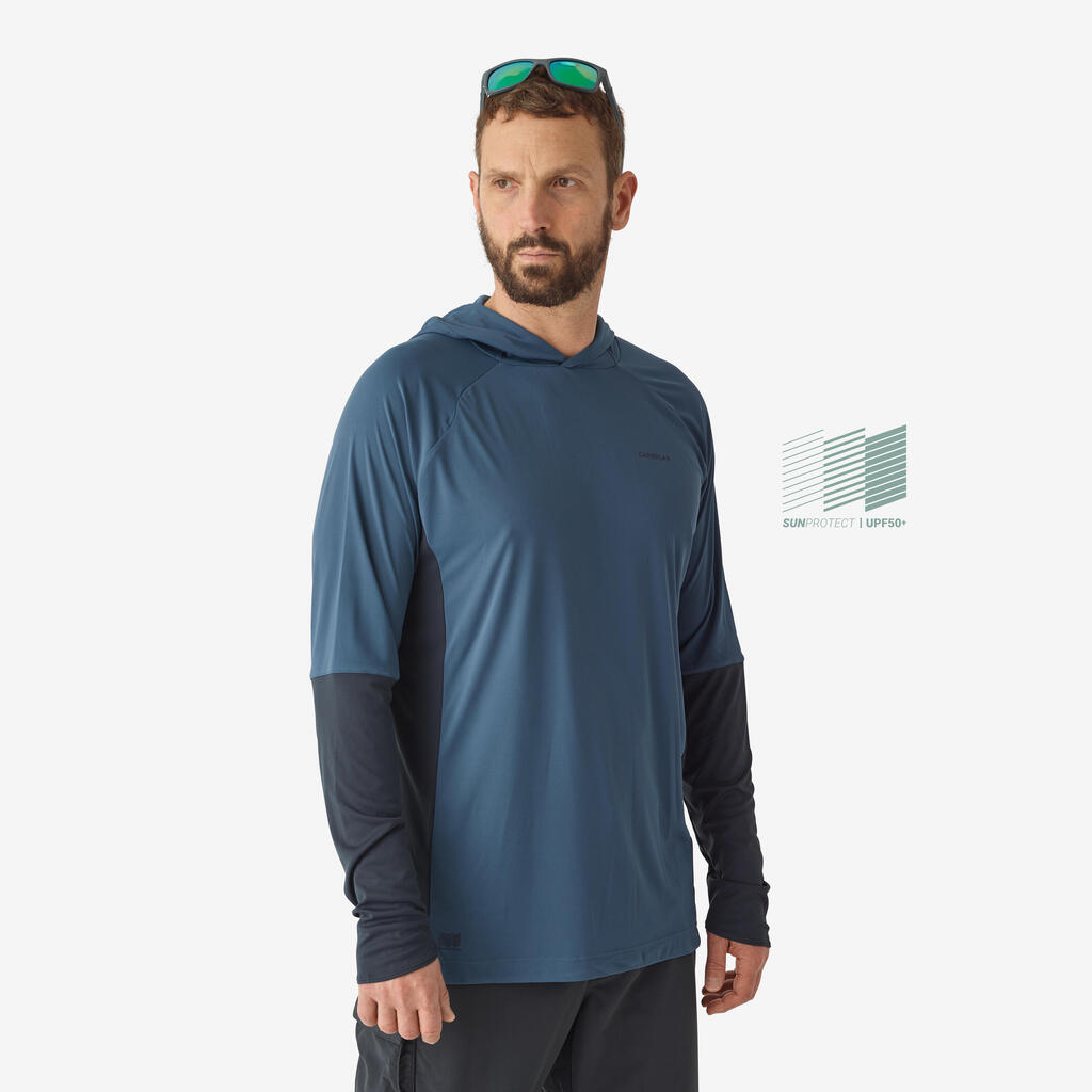 Fishing anti-UV T-shirt 500 with hood blue