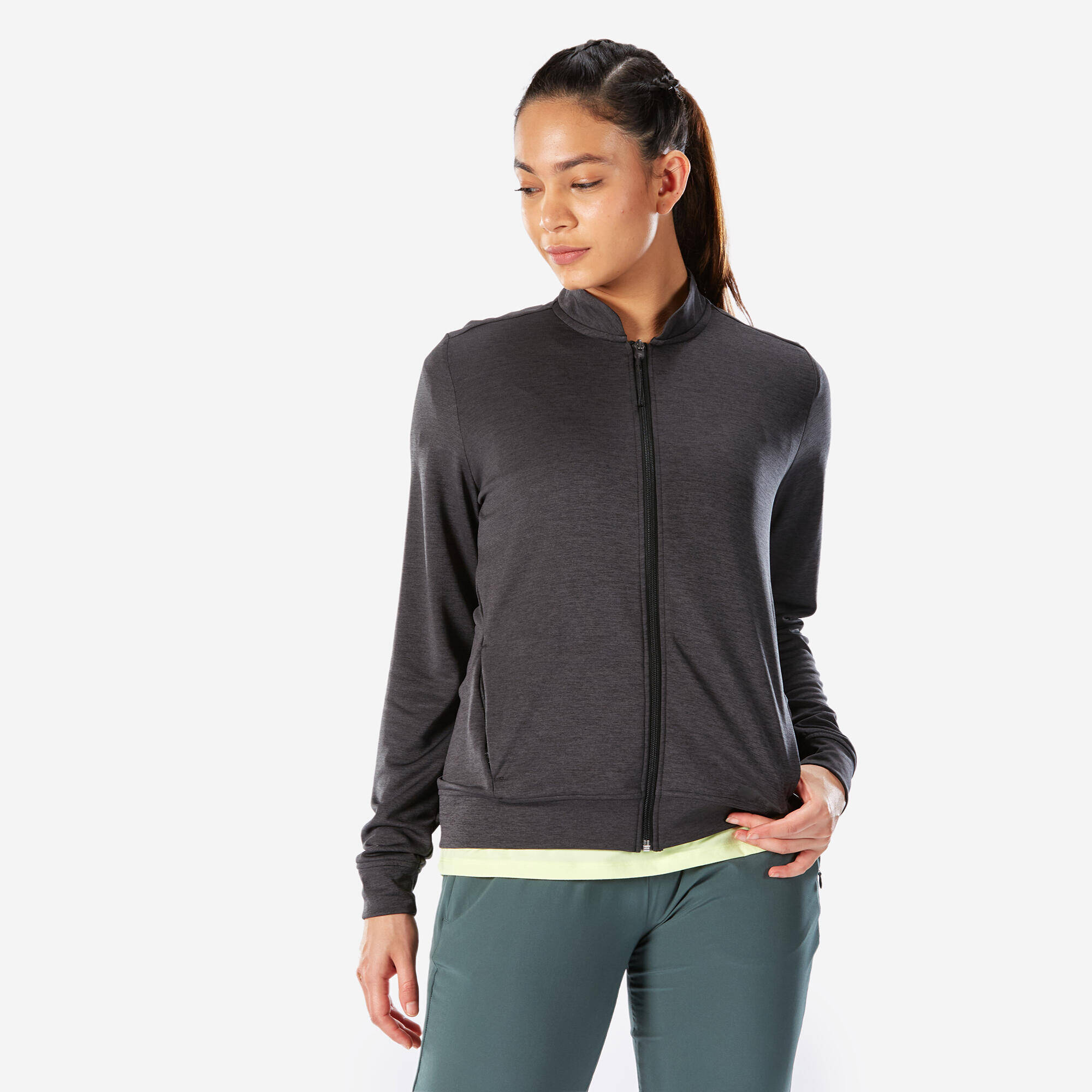 Women's breathable running jacket-KIPRUN Run 100 Dry-Black and smoke grey -  1