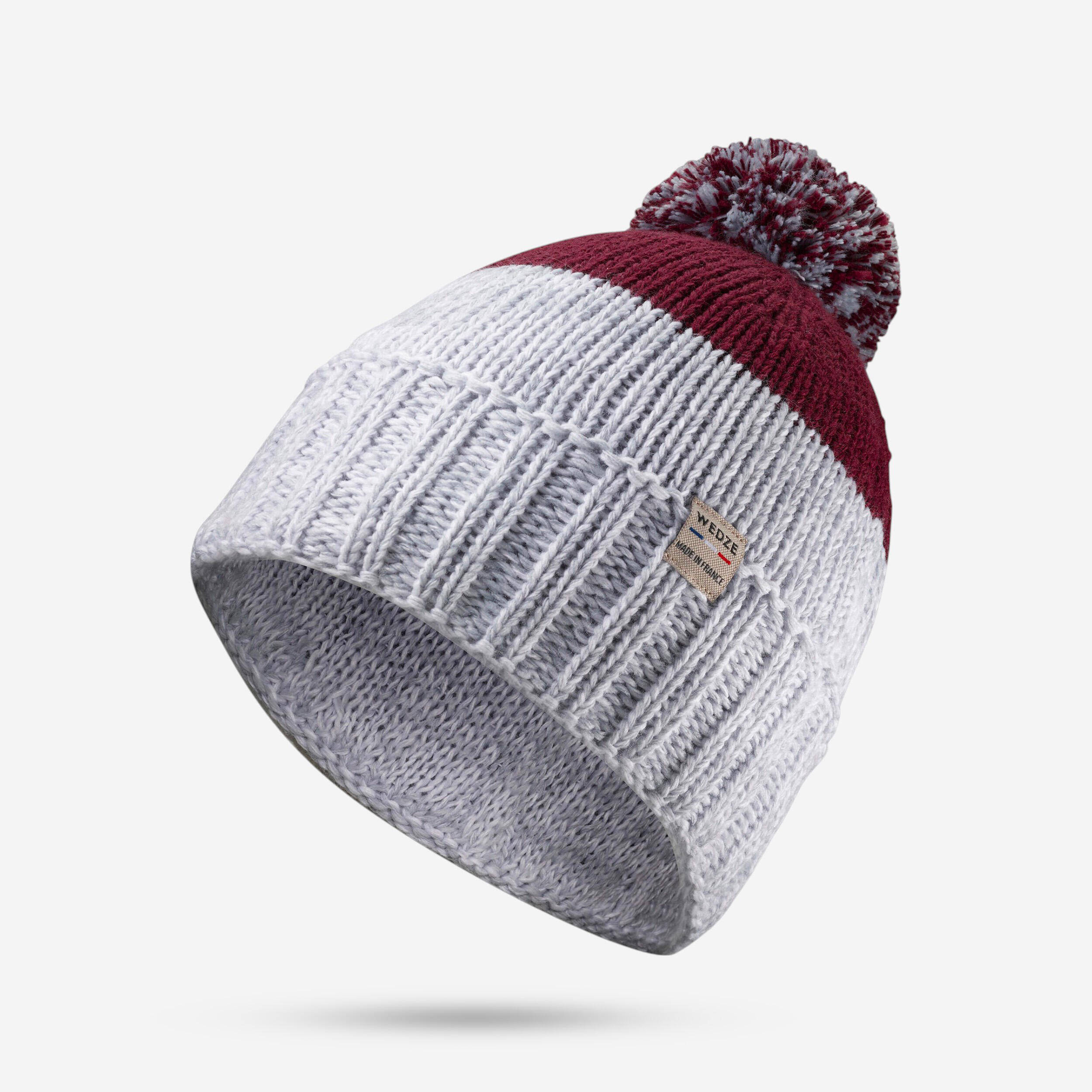 Adult pompom hat, GRAND NORD FR500 - Grey and Burgundy -  1