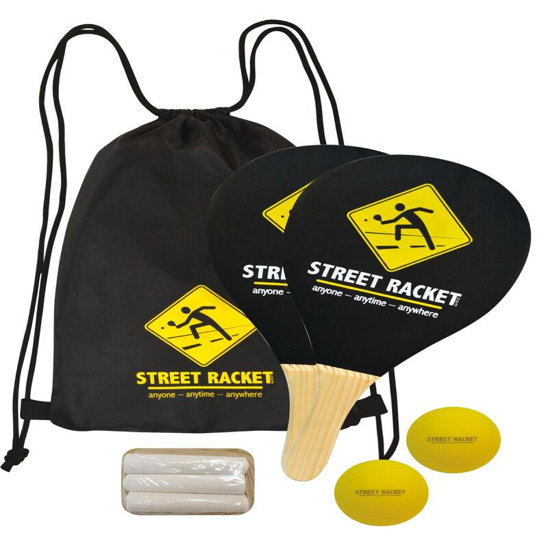 Street-Racket-Set (2 Holzschläger, 2 Soft-Bälle, 3 Stück Straßenkreide)