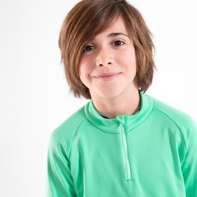 Tee-Shirt manches longues running Enfant 1/2 zip chaud, KIPRUN Warm 100 Vert