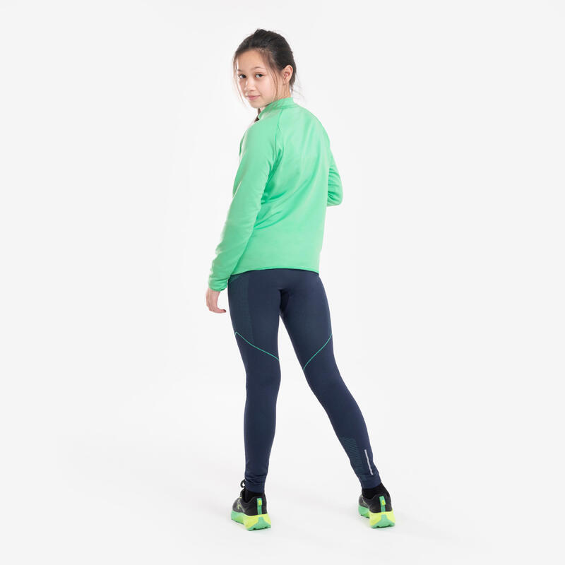 Tee-Shirt manches longues running Enfant 1/2 zip chaud, KIPRUN Warm 100 Vert