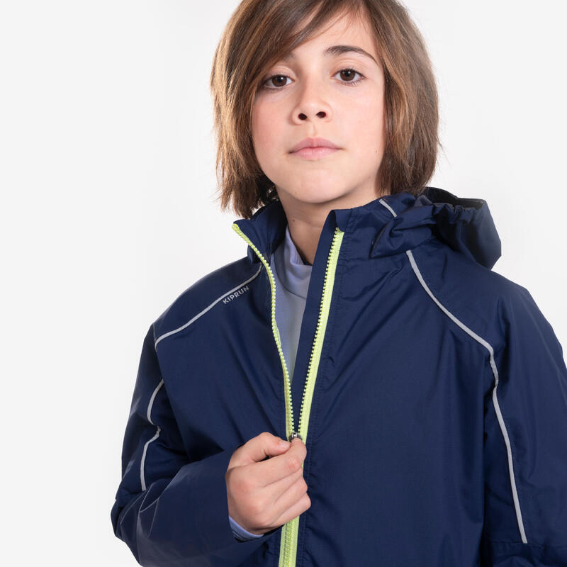 Chaqueta running impermeable niños, Rain jacket azul marino amarillo 