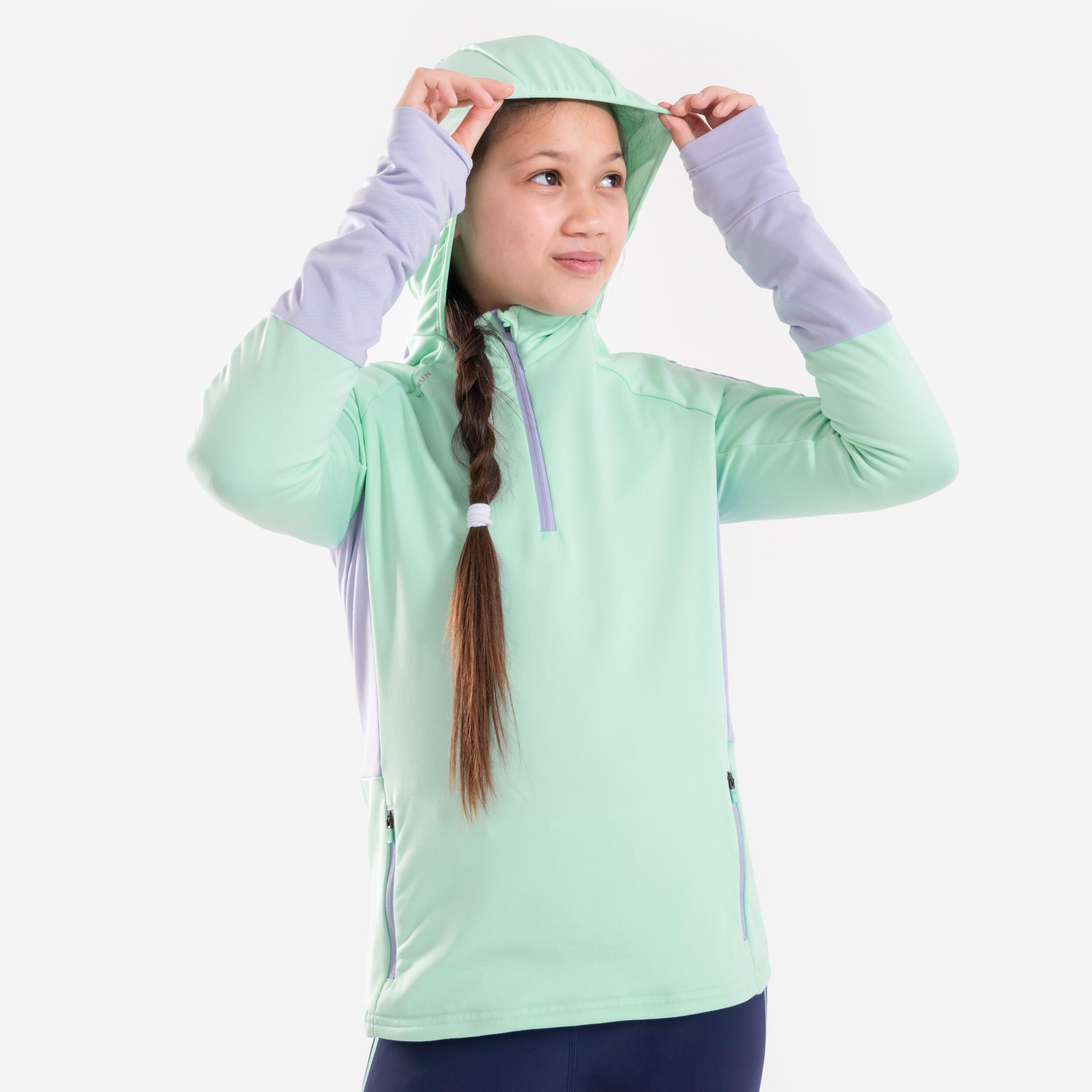 Warm long-sleeved t-shirt with zip for girls, KIPRUN WARM+ 900 green-grey